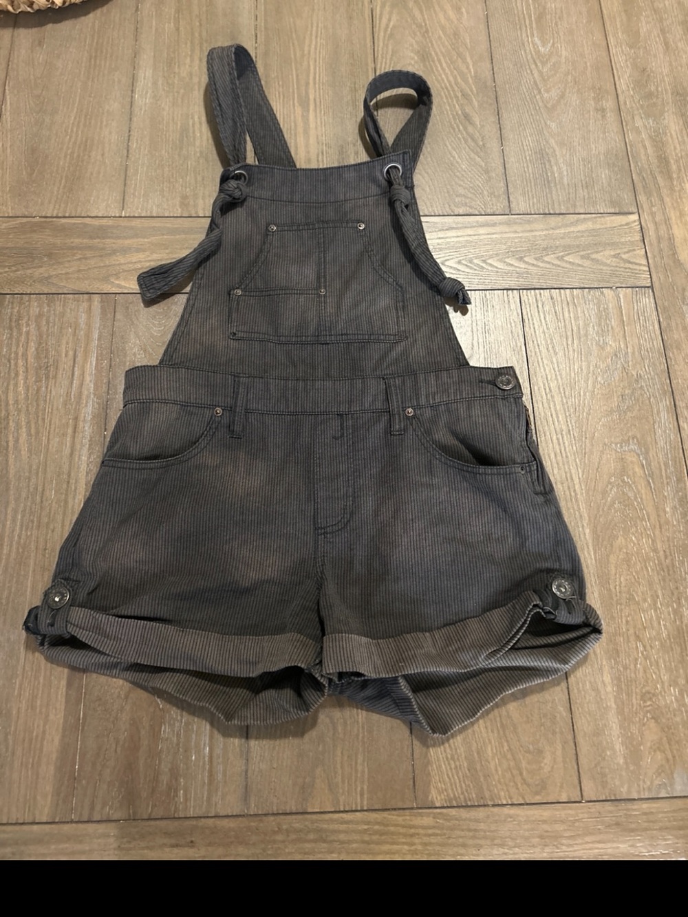 Free People Pinstripe Short Overalls in Charcoal